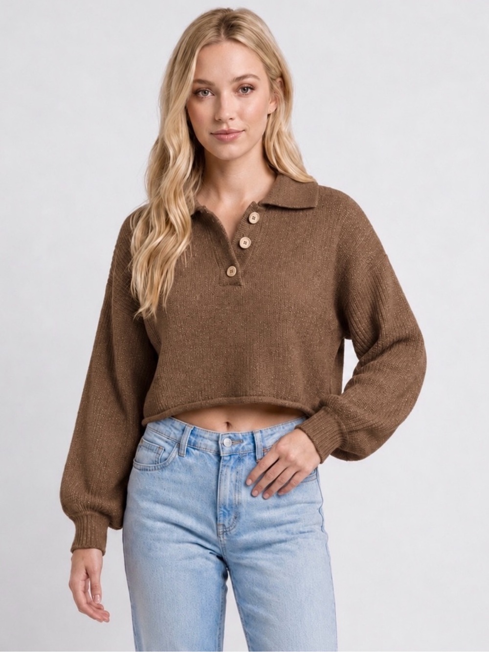 Altar'd State Brown Collared V-Neck Button Crop Sweater Acrylic Polyester Medium